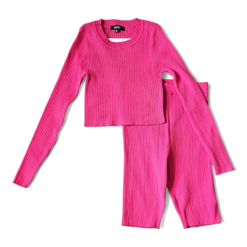 Love Star Ribbed Knit Crop Top & Biker Shorts Pink Set Size L
